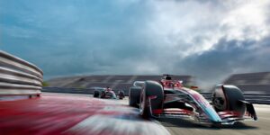 Blurred F1 race cars on track